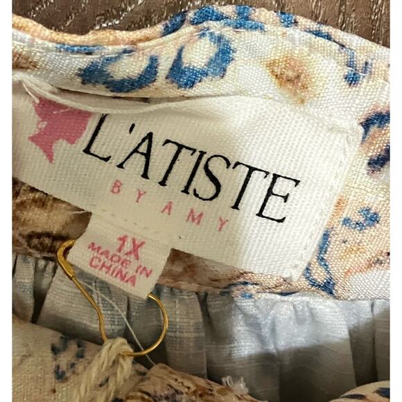 L'ATISTE by Amy Button 1X Mandarin Collar Satin Printed Dress Blouse Brand New - Picture 14 of 16